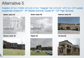 The Warwick School Committee chose consolidation Option 5 Tuesday night, which would Close Warwick Veterans Memorial School, Aldrich Junior High, and Gorton Junior High. Warwick Vets will be converted into a middle school, taking in the junior high students and some sixth graders.