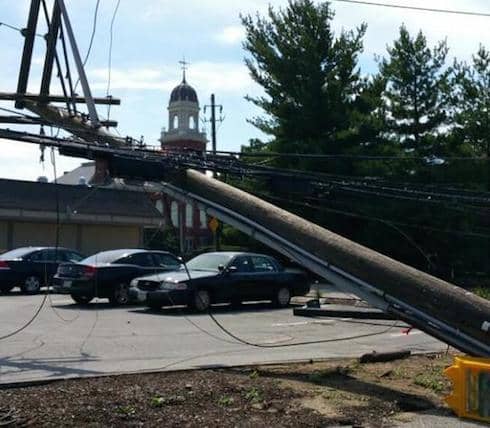A photo of downed power lines in sight of Warwick City Hall, which is out of power following a powerful Aug. 4 storm.