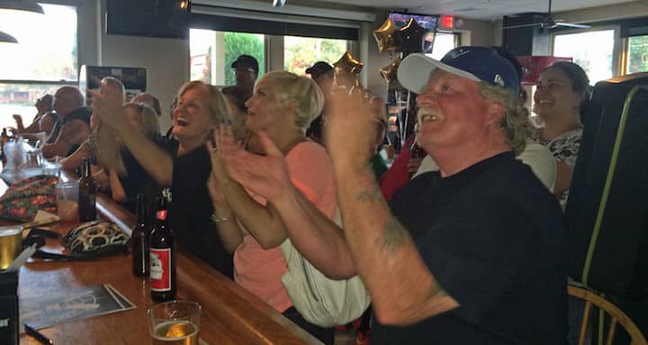 Robert Garvey, Julie Seguin and Linda Pilderian at Dave's Bar and Grill, where patrons packed the house to watch the Warick Girls North in the Little League Softball World Series Aug. 18.