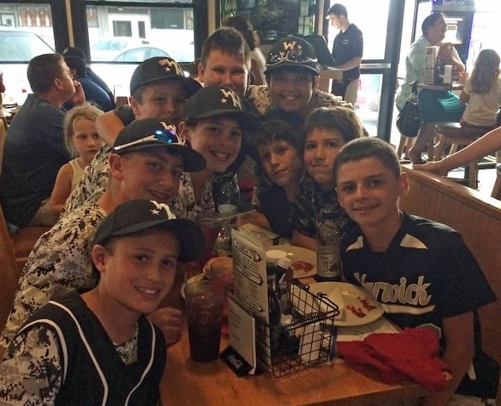 From left, Benji Moorby, Jared Reminder, Kenny Rix, Sean Gallagher, Timothy Machamer, Domenic Brazeau, Dylan Gallagher, Christian Brown and Brendan Rooney at Dave's Bar and Grill, where patrons packed the house to watch the Warick Girls North in the Little League Softball World Series Aug. 18.