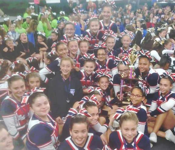 The Warwick PAL Patriots Jr. Cheerleaders after their regional championship win at the Mass Mutual Center in Springfield, MA.