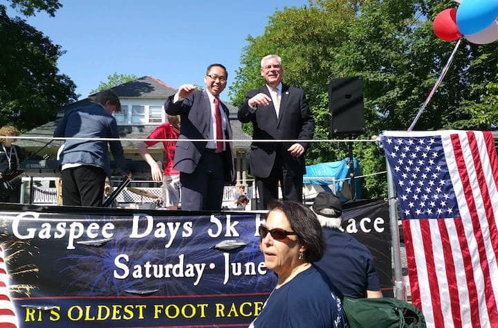 [CREDIT: Tina Suttles] Cranston Mayor Alan Fung and Warwick Mayor Scott Avedisian at the Gaspee Days 5K reviewing stand.