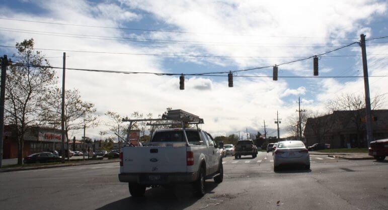 [CREDIT: Beth Hurd] Among the many hazards for drivers - besides downed trees and downed power lines - were traffic signal outages, including the intersection of Sandy Lane and Warwick Avenue. Several businesses in the same area were without power on Monday morning.