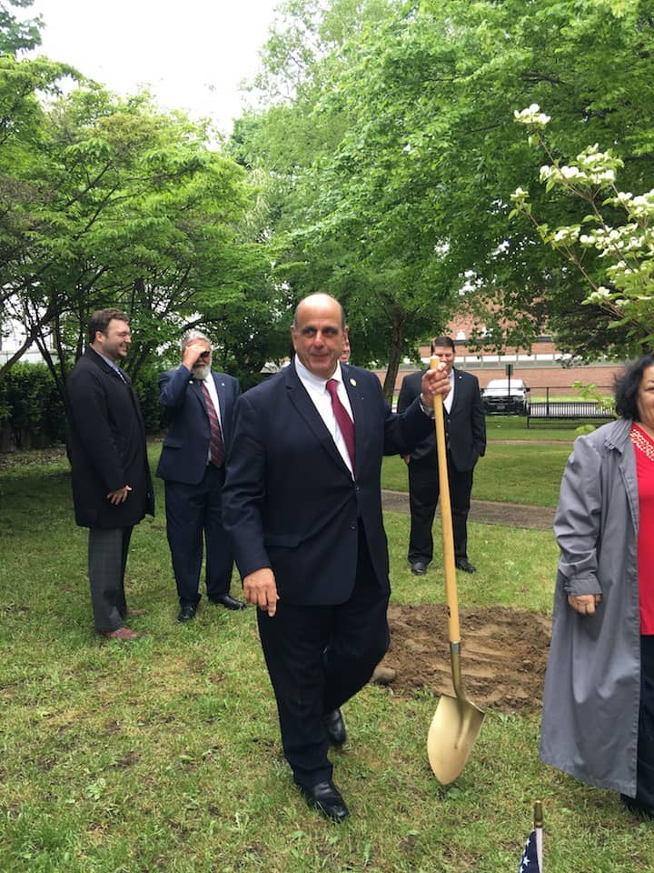 [CREDIT: Courtesy Kim Wineman] Acting Mayor Joseph Solomon Sr. with a shovel ready for the ceremony on Memorial Day at Veterans Park.