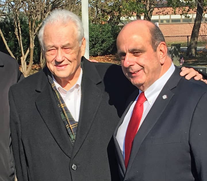 [CREDIT: Courtesy Kim Wineman] Rep. elect James Jackson (D-Dist. 27) and Mayor Elect Joseph J. Solomon during Veterans Day ceremonies Monday at Warwick Veterans Memorial Park. 