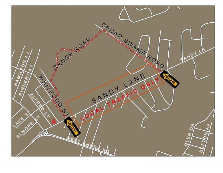[CREDIT: City of Warwick] During Sandy Lane repair work, a detour will change traffic patterns starting Monday at approximately 7 a.m., and remain in effect for about one week: