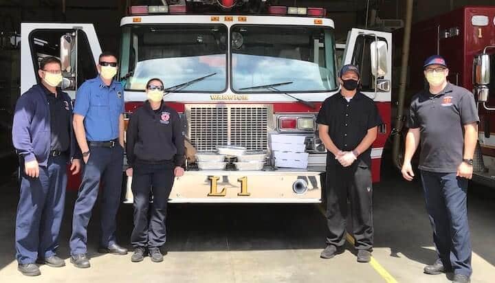 [CREDIT: Iron Works] Iron Works restaurant delivered more than 100 meals to the Warwick Fire Department, Police Department, and Kent Hospital May 15.