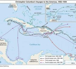 [CREDIT: U.S. Department of the Interior] A poster showing the voyages of Christopher Columbus from 1492-1504. Many states have replaced Columbus Day with Indigenous People's Day. Columbus Day in RI is celebrated.