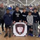 [CREDIT: WPD] Sgt. Steve Moretti, Officers Michael Rosa & Patrick Holmes, members of the PAL Warwick Warriors Basketball 4th & 8th Grade Boys teams (w/ Brayden – JV Pats Football), and the Warwick Police Explorers pitched in at Walmart during the WPD Toy Drive.