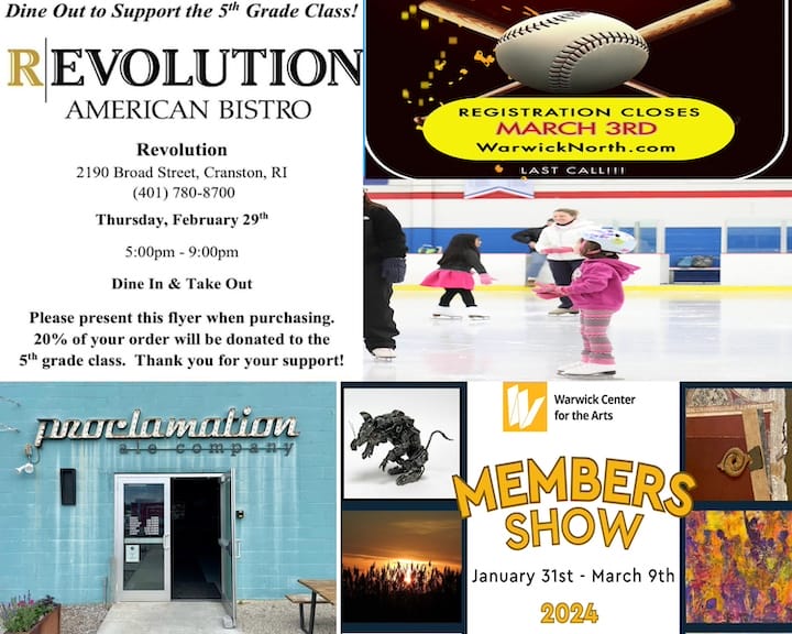 [WP Composite] Warwick Weekend events including dining out for Holiman 5th grade, a free movie and art at the WCFA.
