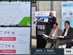 [CREDIT: Sen. Jack Reed] U.S. Sen. Jack Reed, Sen. Sheldon Whitehouse, RI Speaker Joe Shekarchi, and Gov. Dan McKee toured the 988 Lifeline call center and marked #MentalHealthMonth with them Monday to advance suicide prevention efforts.