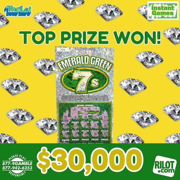 [CREDIT: RI Lottery] A Warwick woman won $30,000 on an “Emerald Green 7's” scratch ticket.