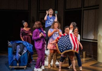 [CREDIT: Marisa Lenardson] Trinity's POTUS runs through Sept. 22, then Oct. 10 – 27 at Trinity Repertory Company, 201 Washington St., Providence. Above, the all-woman cast gathers during one of the comedy's irreverent scenes.