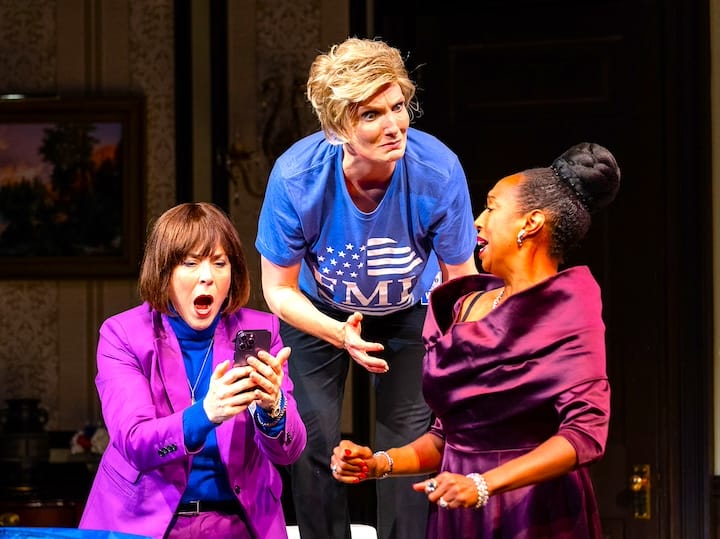 [CREDIT: Marisa Lenardson] Trinity's 'POTUS' runs through Sept. 22, then Oct. 10 – 27 at Trinity Repertory Company, 201 Washington St., Providence. From left, actors Rachael Warren, Deb Martin and Jackie Davis during one of the comedy's irreverent scenes.