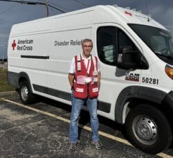 [CREDIT: American Red Cross] The Red Cross is issuing an urgent appeal for volunteers who are willing to travel this fall to support emergency shelters for local and national disaster relief efforts. Above, Peter Prowe, a Red Cross volunteer from Warwick, recently returned from assisting with Hurricane Helene relief efforts in Florida.