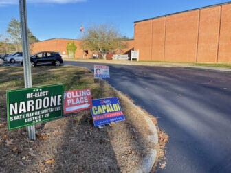 [CREDIT: Rob Borkowski] A line of political signs outside the Coventry Town Hall Annex on Flat River Road across from Town Hall Tuesday, Nov. 5. It was still hours before Coventry 2024 Election Results were in.