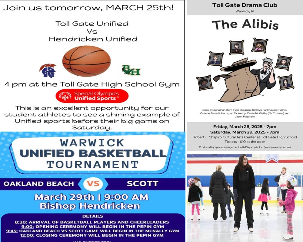 Warwick weekend events include two Warwick Unified Basketball events, Toll Gate Drama's The Alibi, and open skating.