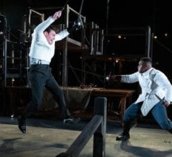 [CREDIT: Cat Laine] From left, Jeff Church and Marc Pierre trade jabs in the Gamm's production of Hamlet.