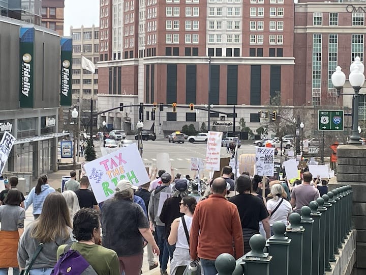 [CREDIT: Rob Borkowski] Thousands of people gathered at the State House April 19 Hands Off protest against the Trump Administration. 