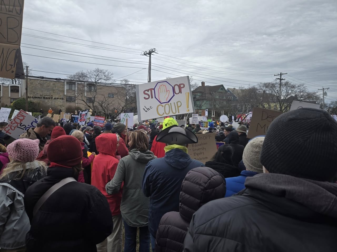 [CREDIT: Jeni Luther] Thousands of people swelled the streets in Providence April 5 to tell the Musk -Trump Coup to take their hands off Americans' freedoms, security, voting rights, Medicare, Social Security and powers not granted in the U.S. Constitution during the national Hands Off protest.
