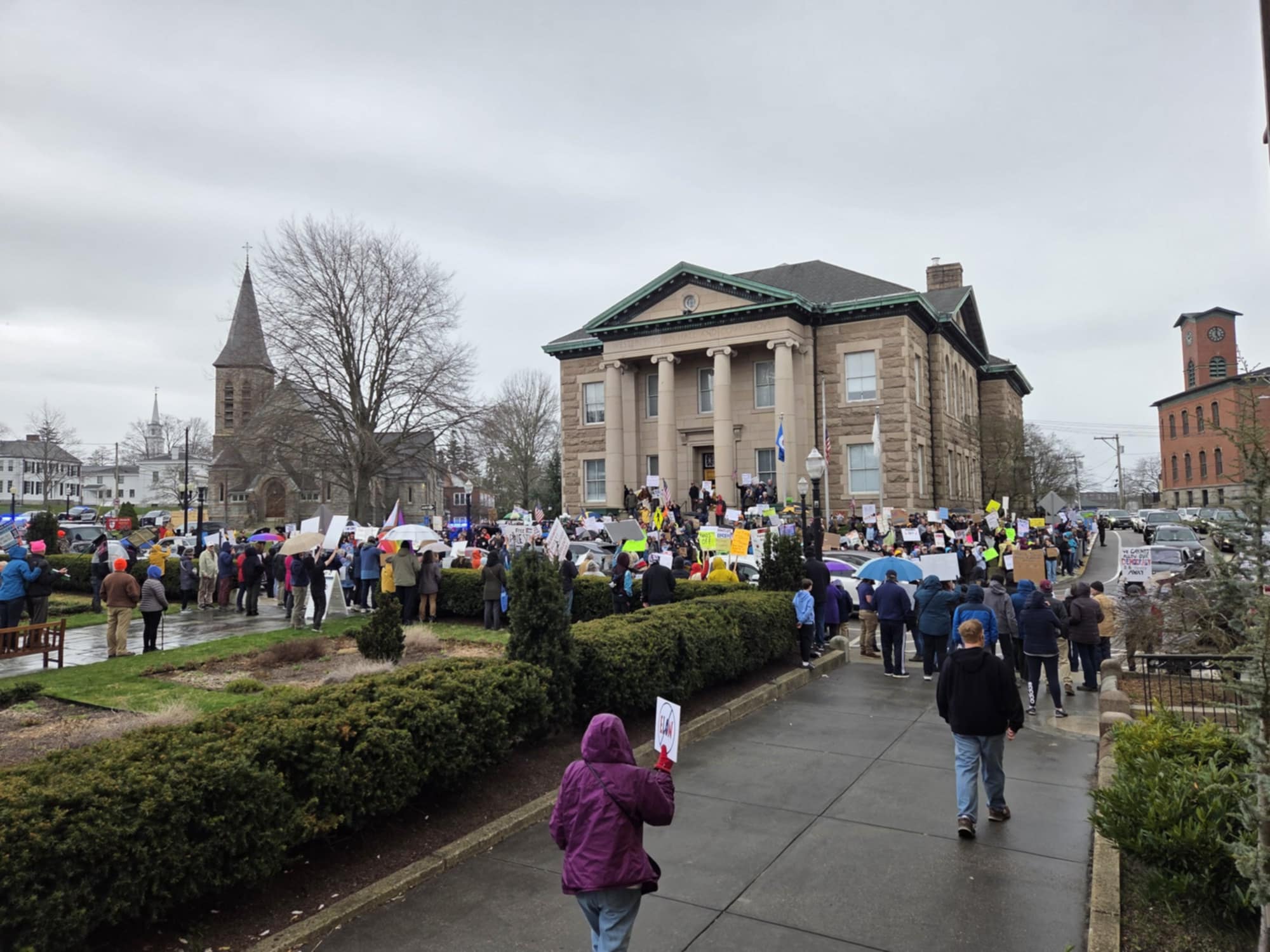 [CREDIT: Mary Carlos] In Westerly, about 200 people showed at Town Hall for the national Hands Off! protests.