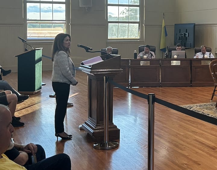 [CREDIT: Natalie Ferland] Lisa Tomasso Senior Vice President at Hospital Association of Rhode Island, urged councilors to support a General Assembly bill that would curb prescription drug costs. The Council also heard from a number of yellow-clad gun rights advocates urging the council to weigh in opposing an assault weapons ban before the General Assembly.