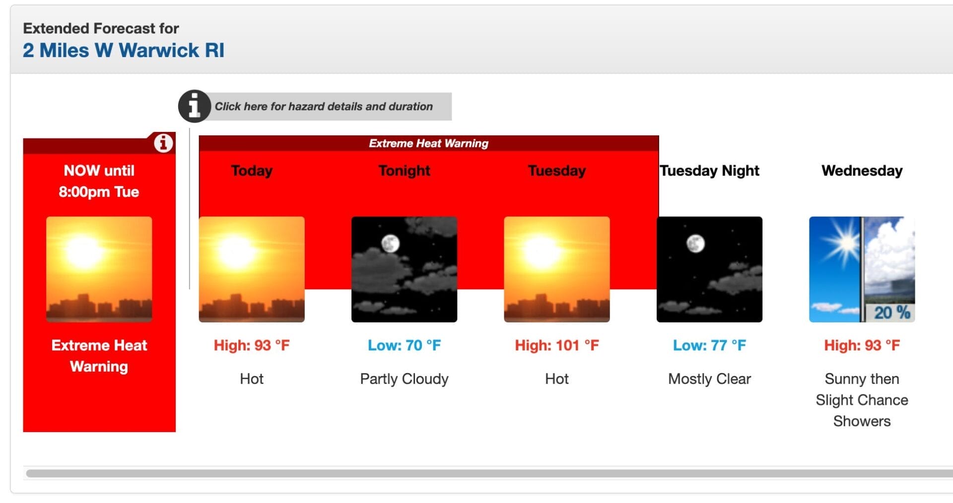 [NWS] The National Weather Service has issued a heat warning for Warwick, Rhode Island, CT and MA until Tuesday night.