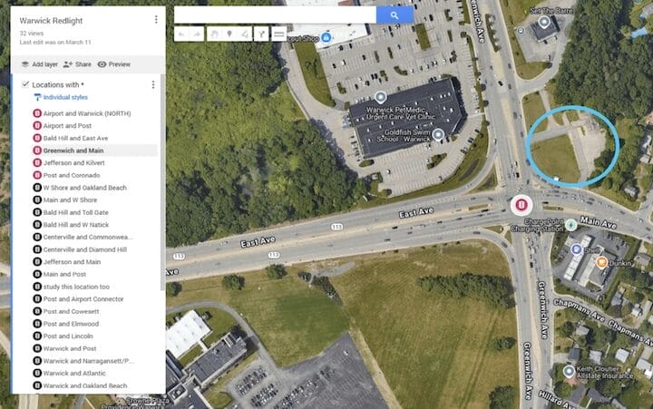 [CREDIT: City of Warwick] A map showing the location of the press conference announcing the city's red light cameras program, where one of the cameras will be installed.