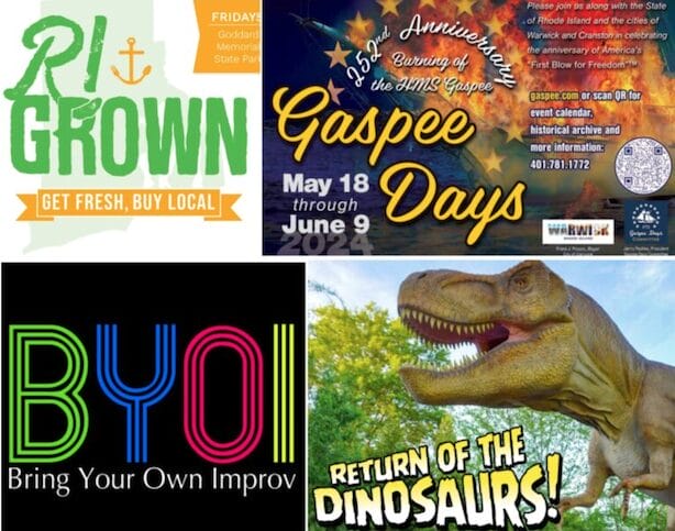 [Credit: WP Composite] This week’s Warwick Weekend Events include several Gaspee days events, a farmers market, Bring Your Own Improv, and dinos.