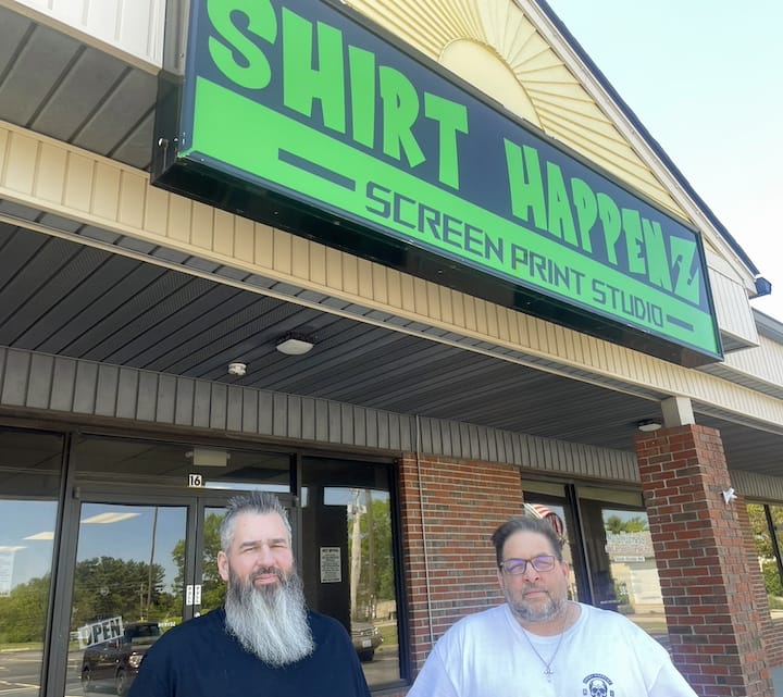 [CREDIT: Rob Borkowski] Shirtz Happenz at 45 Nooseneck Hill Road Unit 16, West Greenwich. From left, owners Robb Harrington and Pete Vellucci,