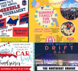 [Credit: WP Composite] This week’s Warwick Weekend Events include a Summer Family Fun Fest, a fundraiser cornhole tournament, a fundraiser car wash, and live music at Drift Bar.