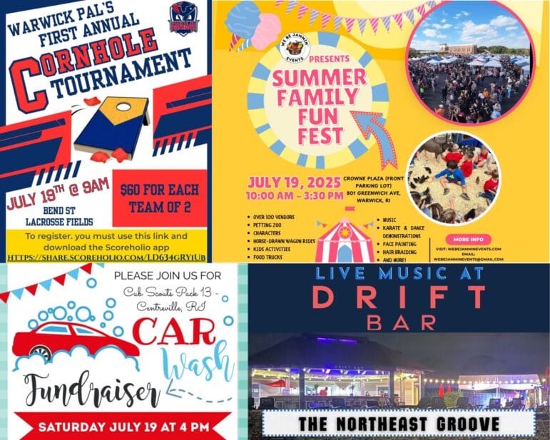 [Credit: WP Composite] This week’s Warwick Weekend Events include a Summer Family Fun Fest, a fundraiser cornhole tournament, a fundraiser car wash, and live music at Drift Bar.