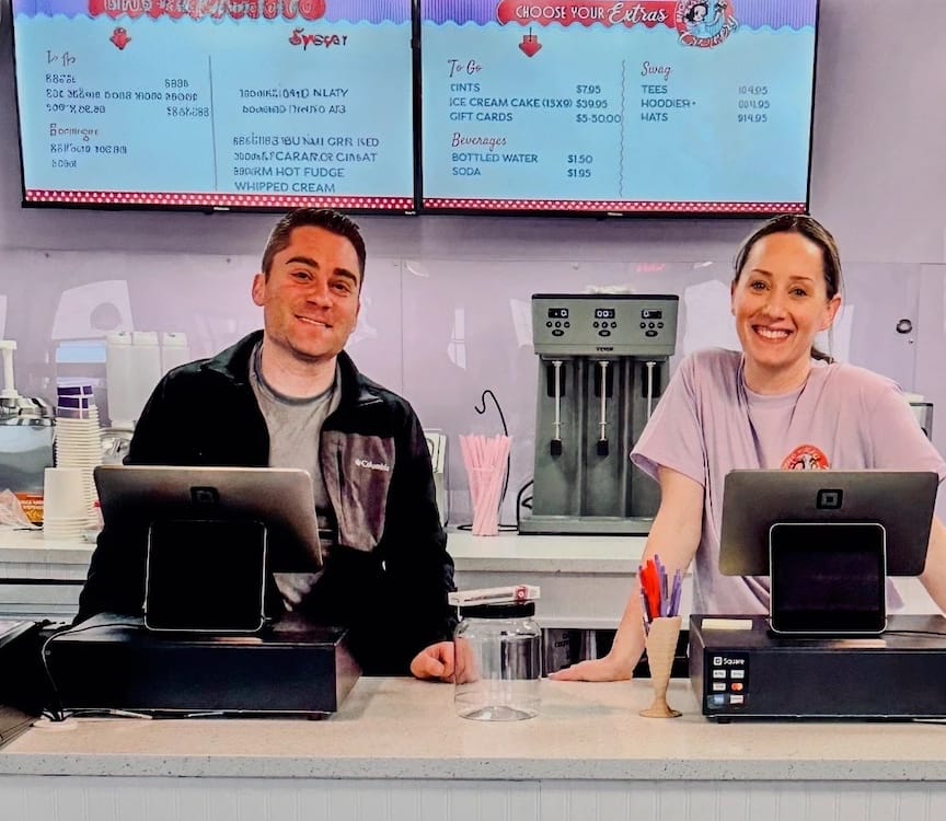 From left, Joe Trillo and Molly Newman, owners of the Apponaug Village Creamery ice cream shop in Warwick.