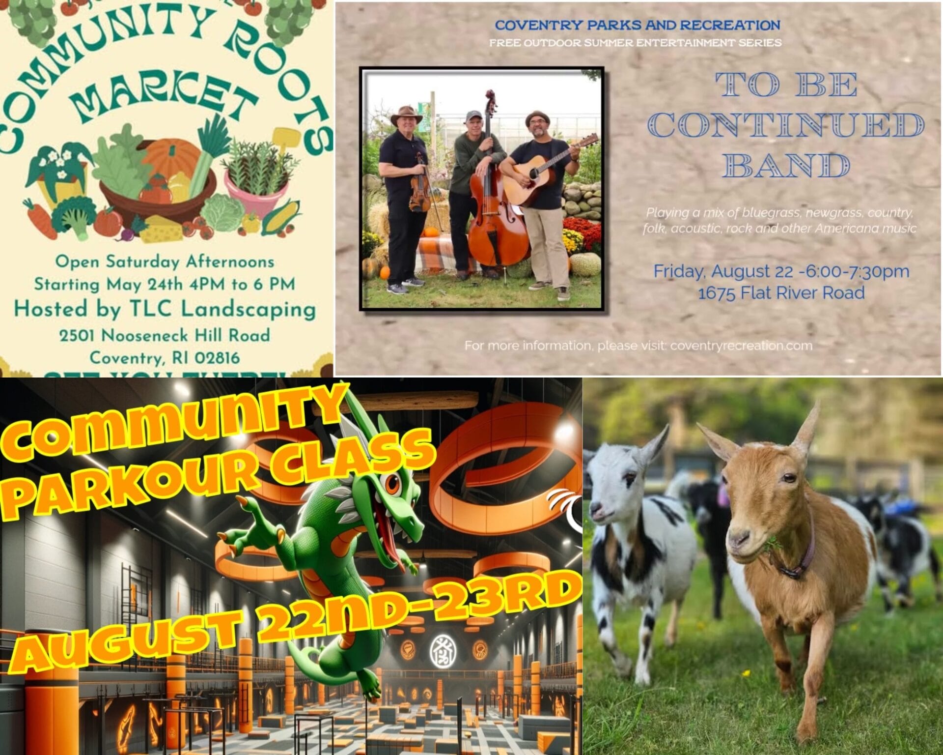 [Credit: WP Composite] This week’s Coventry Community Events in Coventry, RI include a community parkour class and the continuation of the Free Summer Entertainment Series, along with the usual farmers market and goat events.