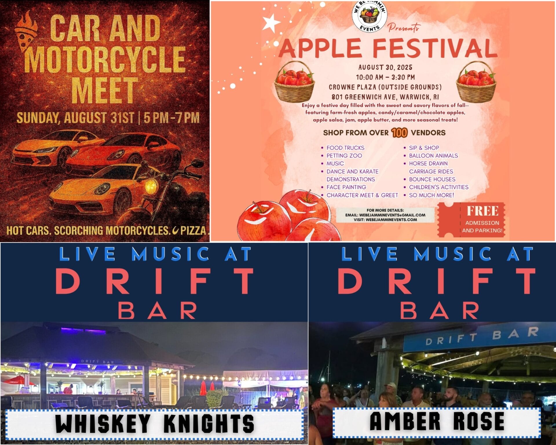 [Credit: WP Composite] This week’s Warwick Weekend Events include an apple festival, a car and motorcycle show, and two live music opportunities at Drift Bar.