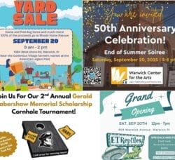 [Credit: WP Composite] This week’s Warwick Weekend Events include the RHR Yard Sale, the WCFA End of Summer Soiree, a fundraiser cornhole tournament, and ET Reptiles grand opneing.