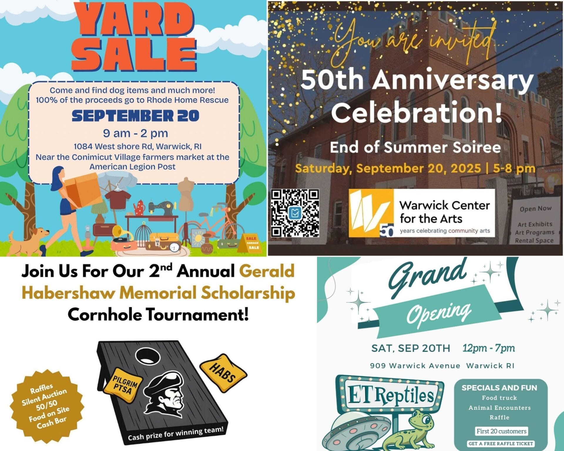 [Credit: WP Composite] This week’s Warwick Weekend Events include the RHR Yard Sale, the WCFA End of Summer Soiree, a fundraiser cornhole tournament, and ET Reptiles grand opneing.