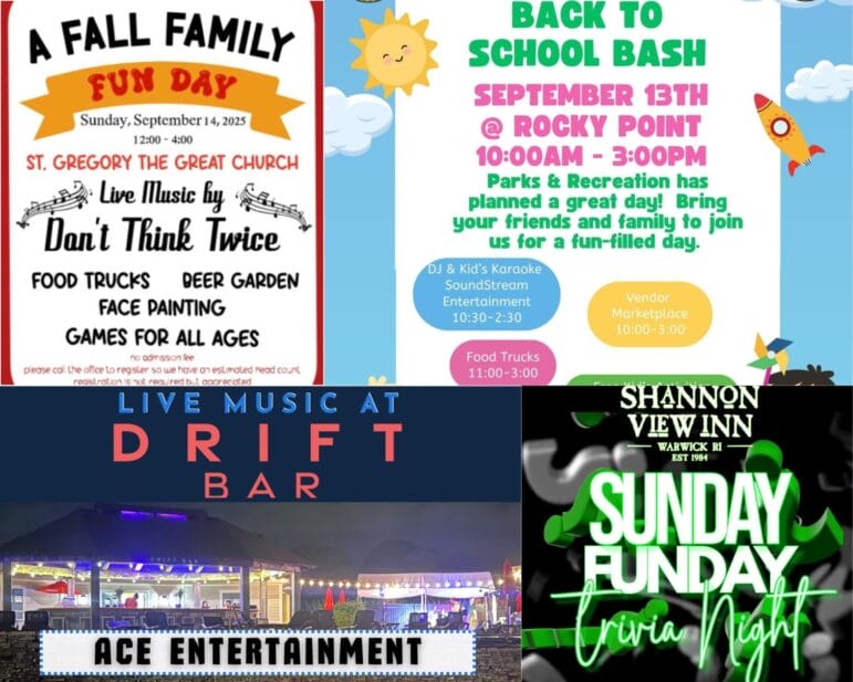 [Credit: WP Composite] This week’s Warwick Weekend Events include Fall Family Fun Day, a Back to School Bash at Rocky Point, trivia night, and Decade Night at Drift Bar.