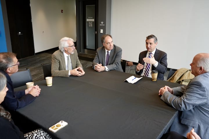 [CREDIT: Rep. Magaziner's office] Rep. Seth Magaziner (RI-02) hosted a roundtable discussion with doctors on the health care affordability crisis Tuesday at at the Cambridge Innovation Center in Providence. HSRI premiums will double if Republicans insist on proceeding with the budget without extending ACA subsidies..