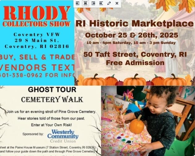 [Credit: WP Composite] This week’s Coventry Weekend Events in Coventry, RI include the Rhody Collectors Show, the RI Historic Marketplace, a cemetery tour, and the usual pumpkin painting.