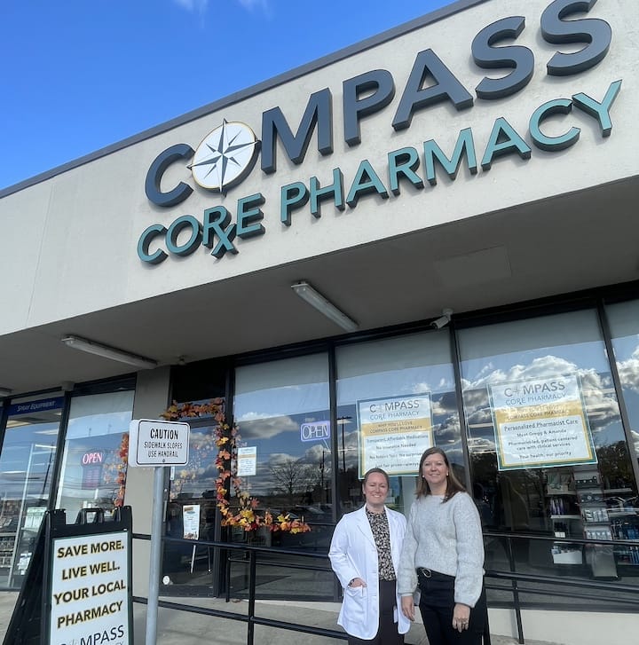 [CREDIT: Rob Borkowski] From left, Amanda Petrarca, co-founder of Compass Core Pharmacy, and Catherine Lott, outside the 80 Lambert Lind Highway, Warwick, Ri location.