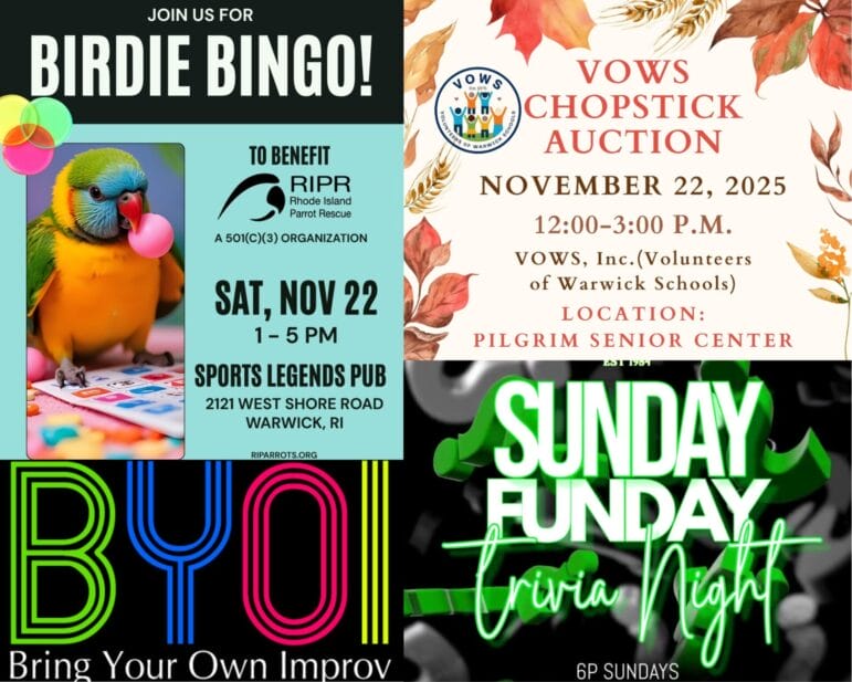 [Credit: WP Composite] This week’s Warwick Weekend Events include birdie bingo and a chopstick auction, along with the usual improv classes and trivia night.